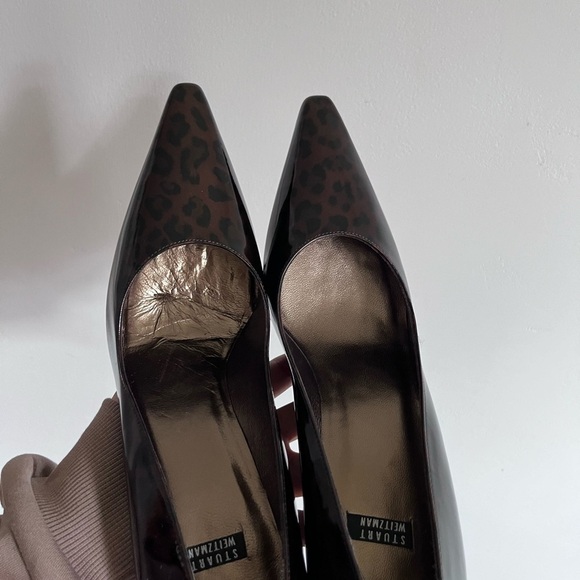 Stuart Weitzman Leopard Patent Leather Stiletto Pointy Toe Pumps - Picture 5 of 14